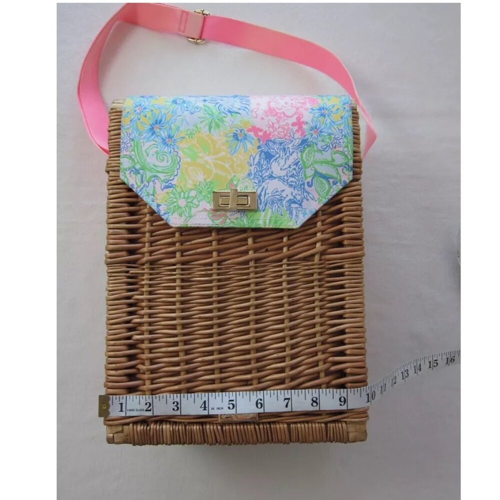 LILLY PULITZER Cheek to Cheek Wicker Wine Carrier Strap Multicolor Basket Tote - Picture 15 of 16